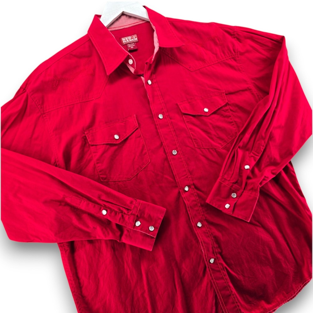 Red Ranch Western Shirt Mens XXL Red Cotton Pearl Snap Long Sleeve Embroidered